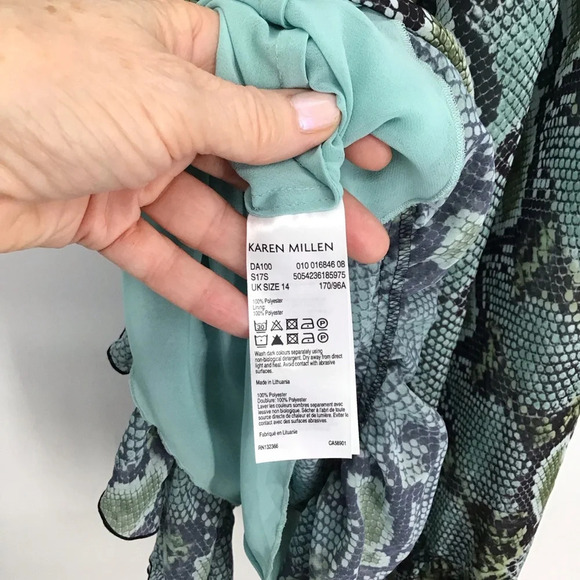 Karen Millen Snake Print Ruffle Bell Sleeve Midi Dress Green/Black NWT Size 14 - Picture 11 of 11